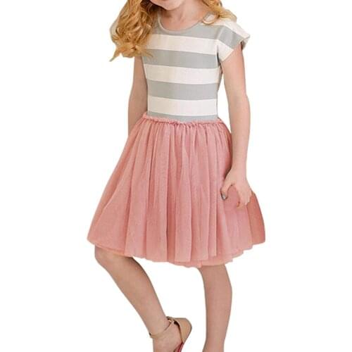 Oklady Toddler Girls Tutu Dress Short Sleeves Stripe Tulle Skirts Mini Dress