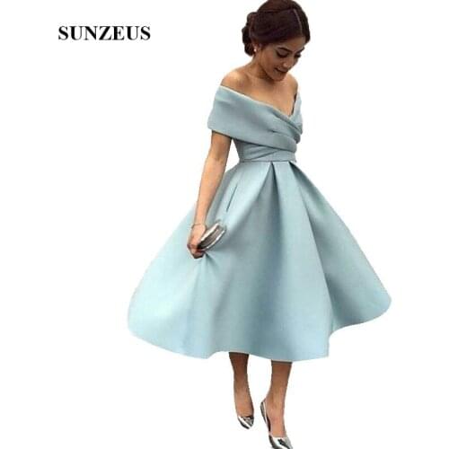 Vestidos Para Boda A-line V-neck Off Shoulder Bridesmaid Dresses Tea Length Elegant Arabic Women Party Dress For Wedding BDS100