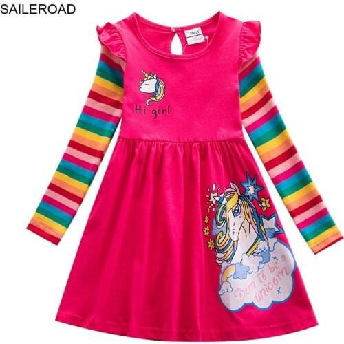 SAILEROAD Christmas Unicorn Dresses Childrens Long Sleeve Rainbow Dress Outfit Baby Girl Princess Cotton Autumn Kids Clothes