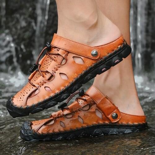 Outdoor summer fashion mens breathable zapatos massage running water genuine leather de zomerschoenen slipper mannen sandles