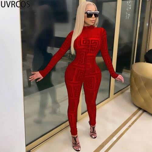 UVRCOS Sports Wear For Womens Jumpsuit Plus Size Mono Print Skinny Slim Activewear Sexy Nightclub Mesh See Through Woman Outfits