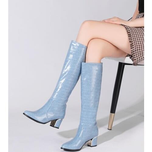Pink Blue Stone Texture Thick Heel Fashion Boots Large Embossed Womens Knee-Length Boots Sexy Snake Print Boots 2021