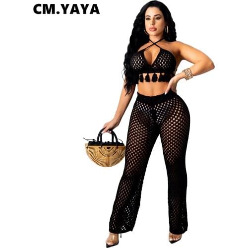 CM.YAYA Women Set Hollow Out Solid Sleeveless Bandage Halter Tassel Bra Flare Pants Two 2 Piece Set Sexy Outfit Summer Tracksuit