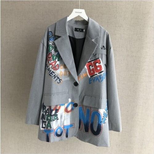 2020 Autumn New British Style blazer women Casual Graffiti Letters Suit Jacket Women Long sleeve Loose Plaid Ladies Blazers G122