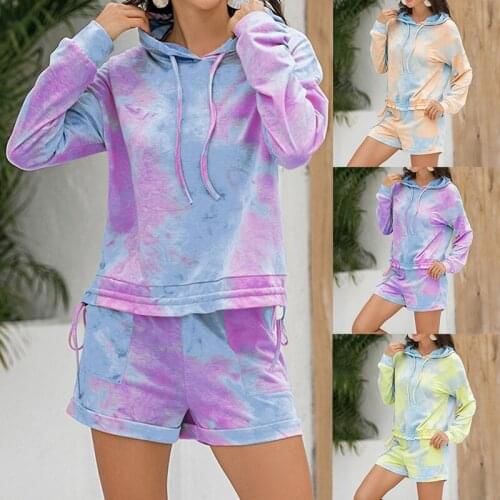 Tie-Dye Printed Womens Home Wear Suit Long Sleeve Tops Shorts Two Piece Set