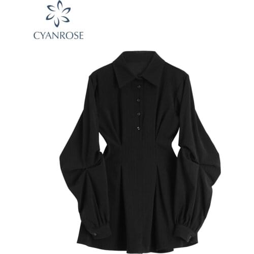 Women Black Ruched Dress 2020 Autumn Vintage Solid Long Sleeve A-line Dress France Elegant Slim Short Dress Retro vestidos