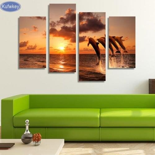 4pcs/set,Dolphins Jumping Over the Sea Waves Beautiful Sunset Diamond Painting,Resin Square Drill,full square Diamond Embroidery