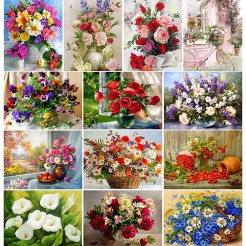 5D DIY Diamond Painting Flowers Vase Cross Stitch Kit Full Drill Embroidery Mosaic Flower Rose Picture of Rhinestones Decor Gift