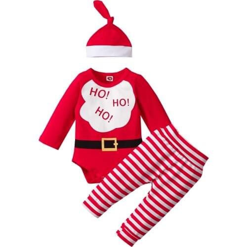 Three Piece Baby’s Clothes Cartoon Christmas Print Long Sleeve Romper and Trousers with Hat