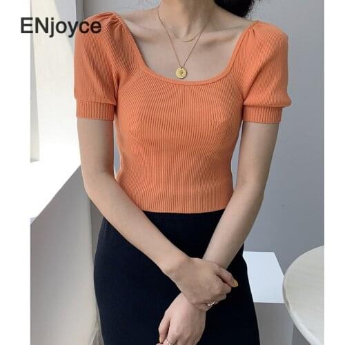 French Style Elegant Puff Sleeve Knitted T-shirt Women Fashion Square Neck Short Sleeve Vintage Orange Tee Cropped Tops Summer