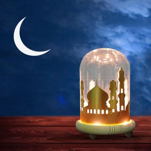 Eid Mubarak LED Night Light Mosque Glass Cover Ramadan Table Ornament With Wood Base Islam Muslim Home Party Decoration
