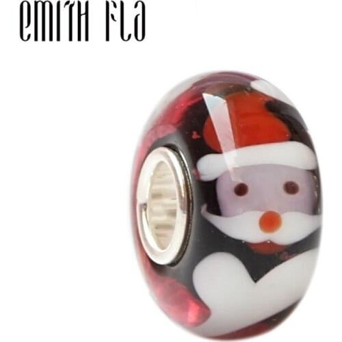 Emith Fla 925 Sterling Silver Large Hole 3D Santa Claus Murano Glass DIY European Charm Beads Fit Brand Bracelet Jewelry