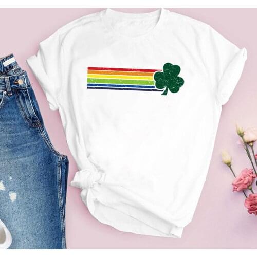 Clover Rainbow Printed Womens Tshirts Short Sleeve Crew Neck 35% Cotton Woman Tshirts for St.patricks Day Mujer Camisetas