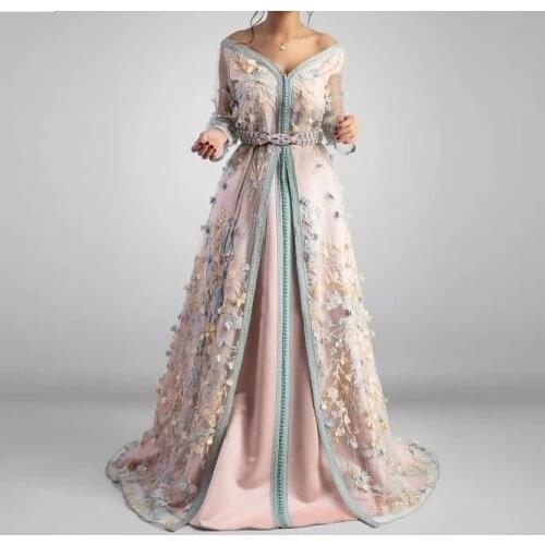 Moroccan Kaftan Caftan Muslim Evening Dresses A-line V-neck Long Sleeve Appliques Dubai Arabic Turkey Abaya Islamic Evening Gown