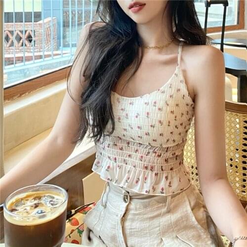 Fresh Print Shirring Tank Tops Ladies Short Apricot Adjustable Skinny Vest Summer Women Sweet Basic Tees Corset Top Sexy Mujer