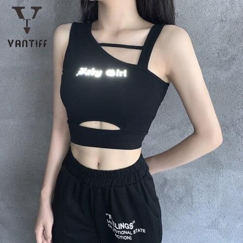 Fashion Streetwear Sexy Crop Tank Tops Women Irregular Reflective Letter Print Vest Female Chic Exposed Umbilical Hole Girl Top