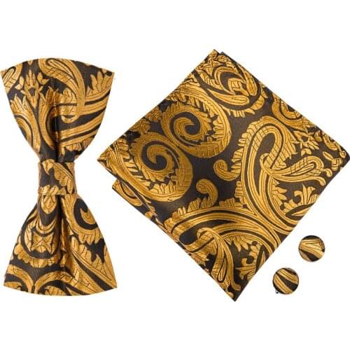 Barry.Wang Fashion Gold Bow Ties for Men 100% Silk Butterfly Pre-Tied Bow Tie Pocket Square Cufflinks Suit Set Floral Bowtie