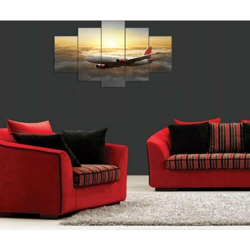 Modular Poster Canvas Picture Frame Wall Art 5 Pieces Aircraft And Sunrise Sunshine Scenery Painting Decor Living Room HD Prints