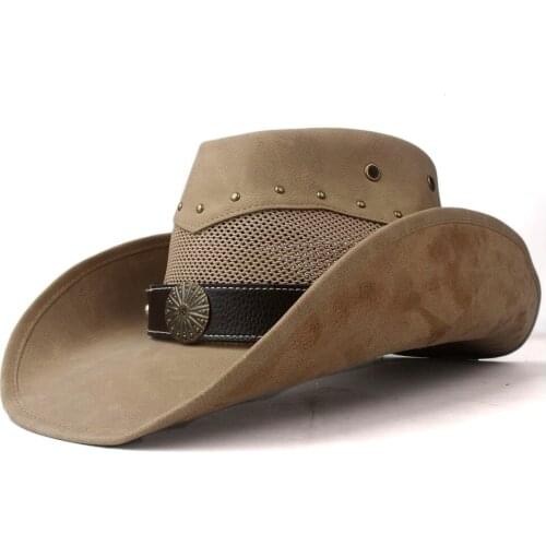 100% Leather Men Women Mesh Western Cowboy Hat Wide Brim Hat Outdoor Sombrero Hombre Cowgirl Hat Sun Hat