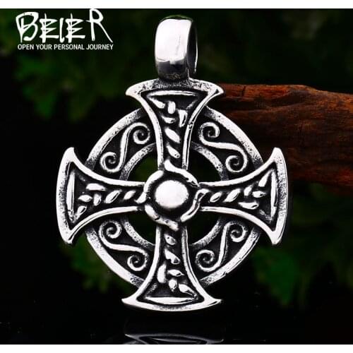 Beier 316L stainless high quality viking Disc Pattern cross pendant necklacet for Men Amulet scandinavian fashion Jewelry LHP102