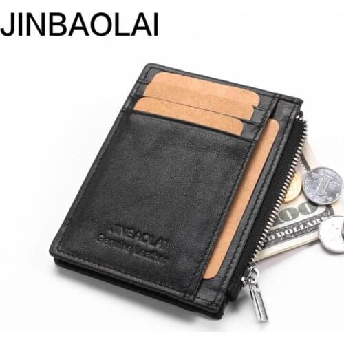 Genuine leather Mini Mens wallet with coin pocket portable purse card holder man money bag with zipper