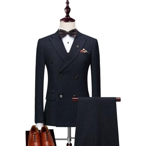 2021 Jackets+Pants+Vests Mens Double Breasted Suit Slim Fit Vertical Striped Suit Men Luxury Wedding Dress Blazer Suits