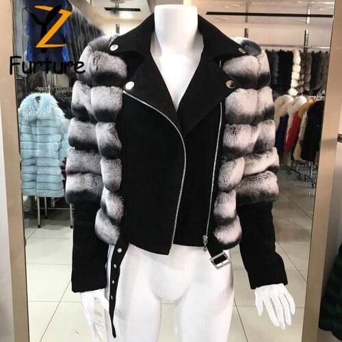 New Natural Short Genuine Rex Rabbit Fur Jacket With Lapel Collar Winter Warm Overcoats Natural Chinchilla Color Fur Women Coat