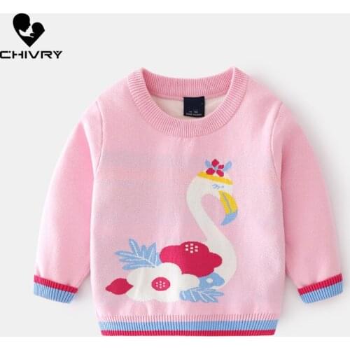 New 2021 Baby Girls Pullover Knitted Sweater Autumn Winter Kids Girls Cartoon Swan Jacquard O-neck Jumper Sweaters Tops Clothing
