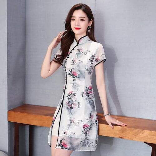 2020 summer new cheongsam Chinese style retro chiffon short-sleeved dress slim and slim