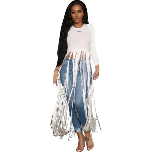 Autumn Long Sleeve T-Shirt Women 2019 Solid Color O-Neck Tassel X-Long Tee Top Fashion Streetwear Casual Ladies Tops Femme