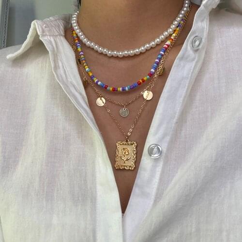 AENSOA Fashion Colorful Beads Pearl Chain Necklaces for Women Bohemia Vintage Rose Engraving Coin Pendant Necklaces Choker Gift