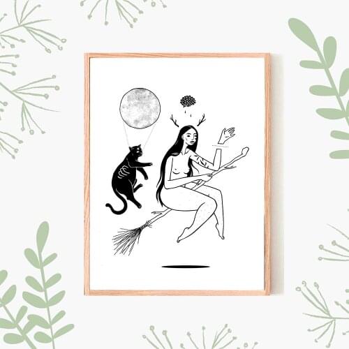 Mysterious Witch on The Broom Abstract Poster Cat Art Wall Feminism Line Canvas Painting and Printmaking Living Room Home Decor