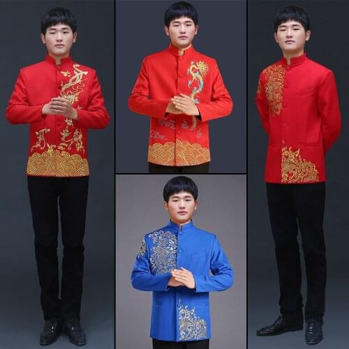Oversea chinese clothing Traditional style wedding Top Blue groom dragon gown evening Red Top slim red tang suit chinese tunic