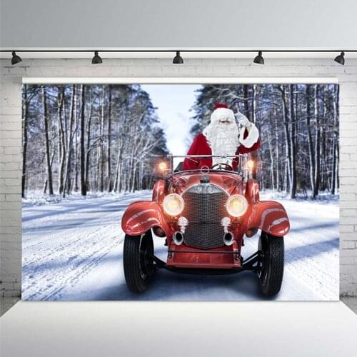 Mehofoto Funny Driving Santa Claus Red Cars Backdrop Winter White Snow Outdoor Tree Photography Background 7x5ft Vinyl Polyester
