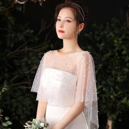 Women Sheer Pleated Wedding Shawl Rhinestone Pearl White Capelet Bolero Shrug