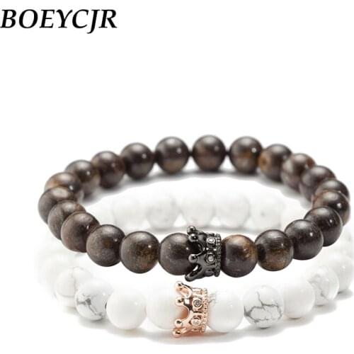 BOEYCJR 2pcs/set 8mm Couple Crown stone beads Bangles & Bracelets Fashion Jewelry Bracelet For Women or Men