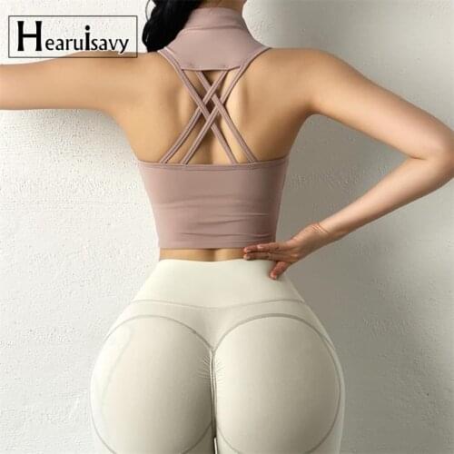 Women Removable Chest Pad Yoga Crop Tops Cross Hollow Shockproof Fitness Vest High Collar Letter Running Training Sports Bra