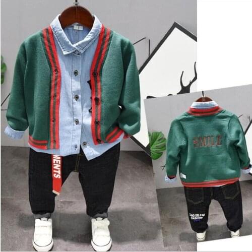 Baby boys Spring Autumn clothes children clothing sets for boy Knit cardigan + striped shirt + jeans 3pcs cool denim boys suit