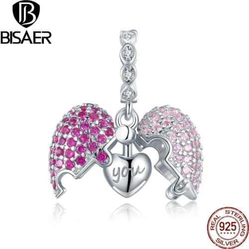 BISAER Only You Open Heart Charms 925 Sterling Silver Pink ZIrcon Suspension Bead Charms For Bracelet 2020 Female Jewelry EFC282