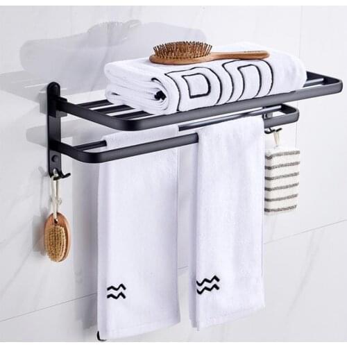 Towel Holder Bathroom Towel Rack Matte Black Aluminum Wall Mounted Folding Hanger Towel Storage Shelf Hook Bathroom Accessories