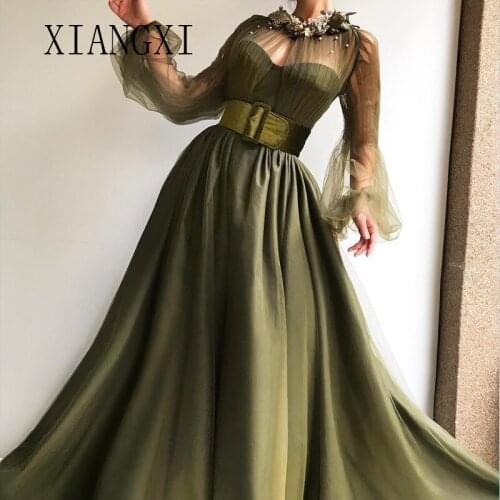 Hot Sale Dark Green Evening Dress Long 2020 A-Line O-Neck Full Sleeves Floor Length Evening Pary Dresses Vestido De Festa Longo