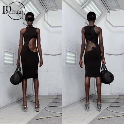 INWOMAN Summer Sexy Club Bodycon Sleeveless Hollow Out Mini Dress Backless Tank Pencil Slip Dress 2021 Ladies Party Dress Female