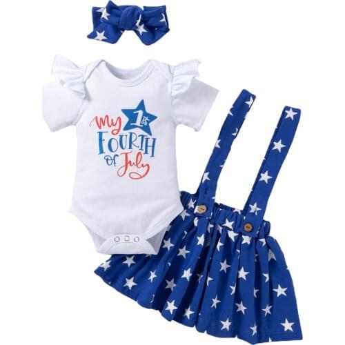Baby Girls Three-piece Clothes Set White Letter Print Round Collar Short Sleeve Romper Suspender Skirt and Headdress Suits