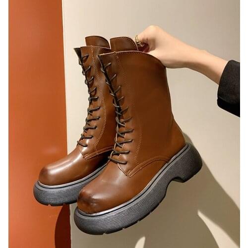 Leather Ankle Boots Women Boots Chelsea Plush Lining Warm Soft Sole Ladies Round Chunky Lace-up Winter Female Platform Shoes