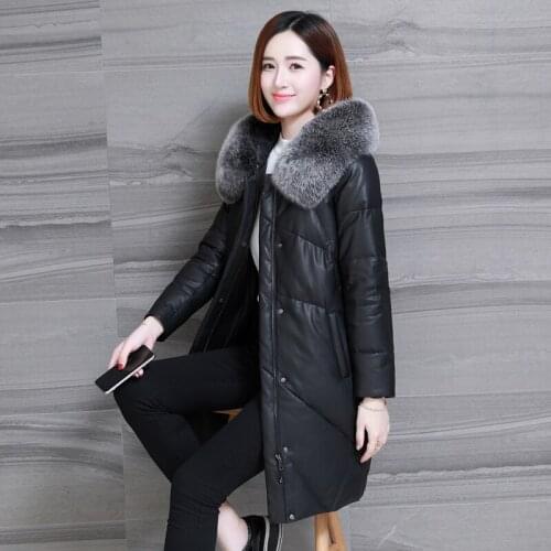 Genuine Sheepskin Leather Jackets Women 90% White Duck Down Female Jacket Fox Fur Collar Hooded Womens Coats Casacos Zjt1370