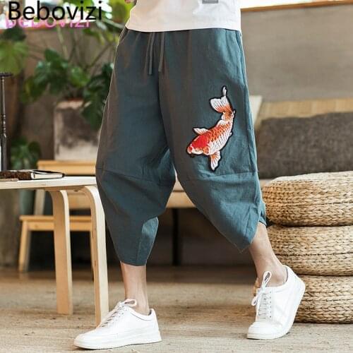 Summer Chinese Traditional Cotton Carp Linen Beach Loose Harem Pants for Men Gray Red Black Thai Japan Kimono Bloomers Plus Size