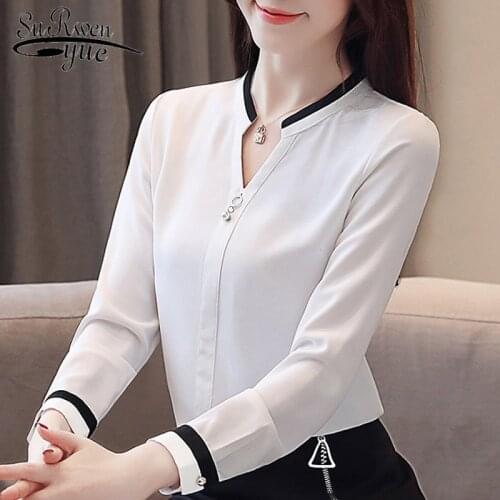 Fashion Chiffon Blouse Shirt V Collar Office Work White Blouse Womens Tops And Blouses Long Sleeve Women Shirts Female 2430 50