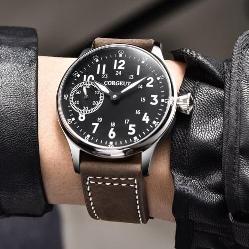 Corgeut 44mm Mens Watch Leather Straps Luxury Brand Luminous Waterproof Clock Mechanical Hand Winding Watch Gifts for Men