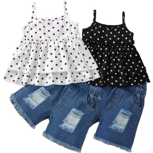New 2 Pieces Kids Suit Set, Polka Dots Print U-Neck Camisole+ Solid Color Denim Shorts for Girls, White/Black, 1-6 Years