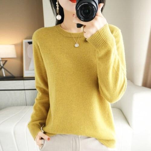 2021 Autumn Winter New Round Neck Pullover Sweater Womens Simple Temperament Slim Basic Pure Color Wild Knitted Bottoming Shirt
